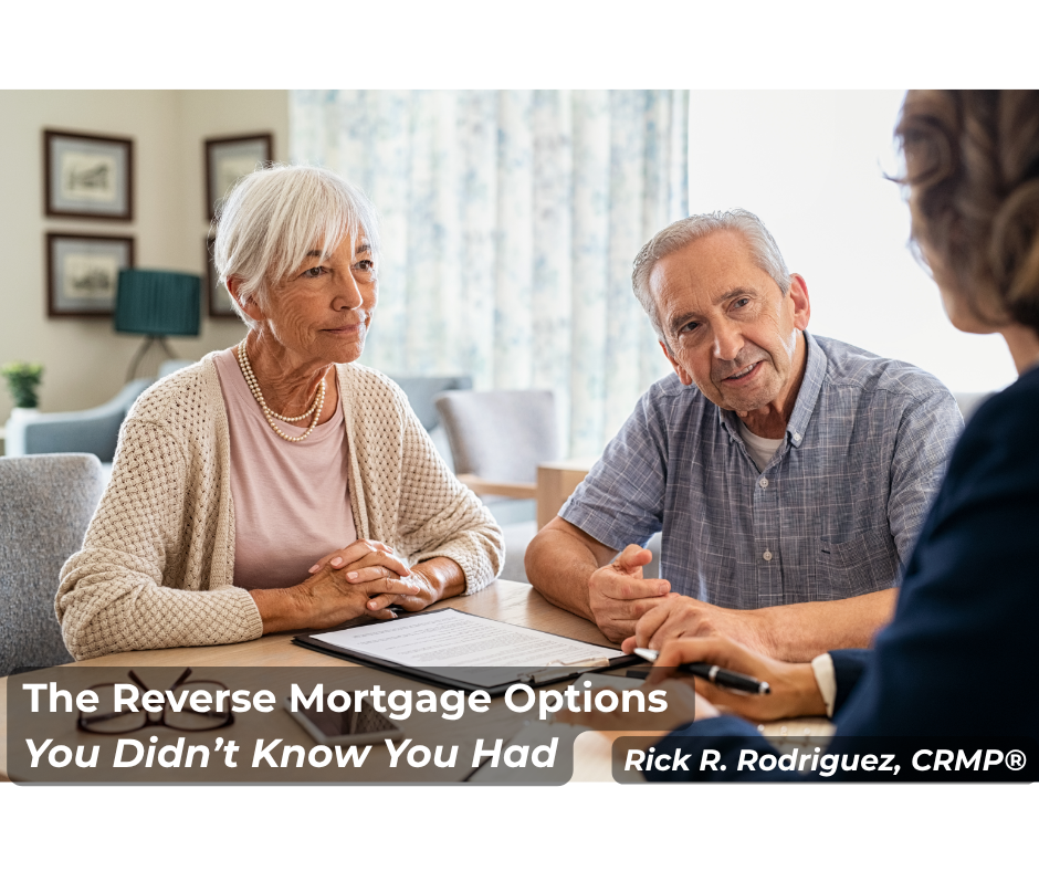 Senior couple discussing reverse mortgage options with Rick Rodriguez, Certified Reverse Mortgage Professional