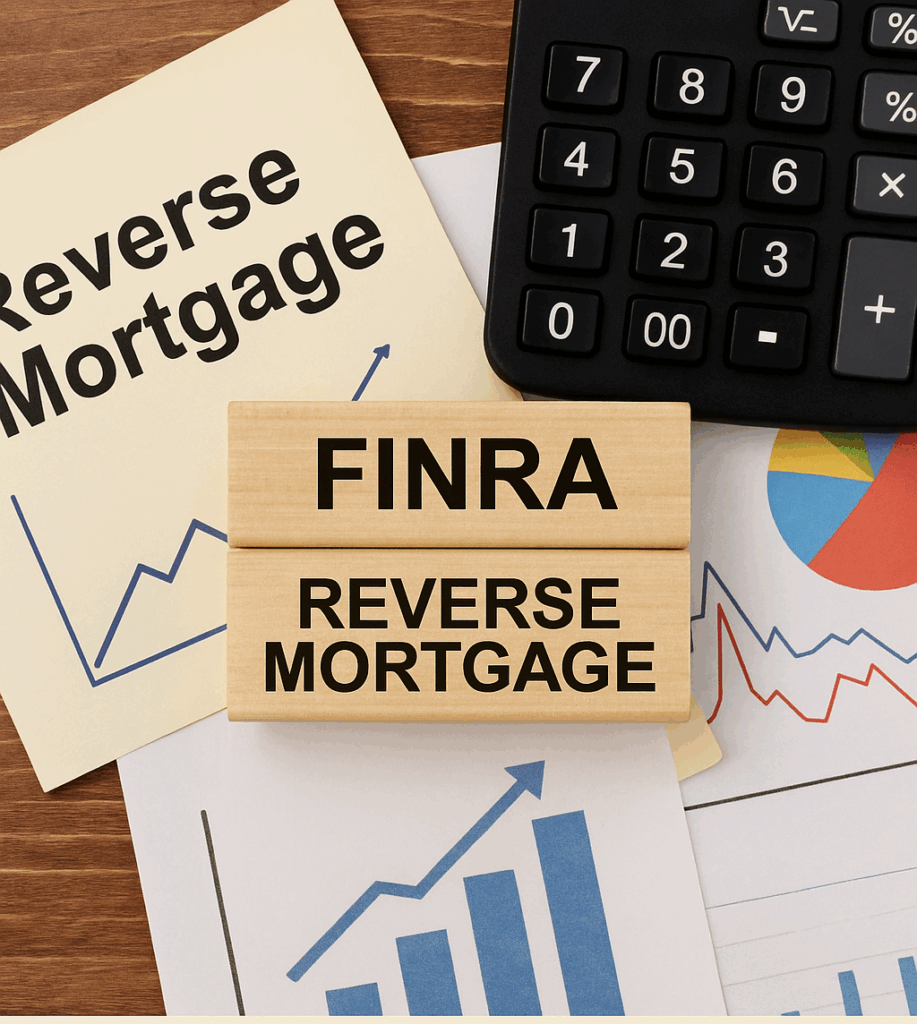 Financial advisor reviewing retirement plans with senior couple — concept of FINRA guidance and reverse mortgage planning.