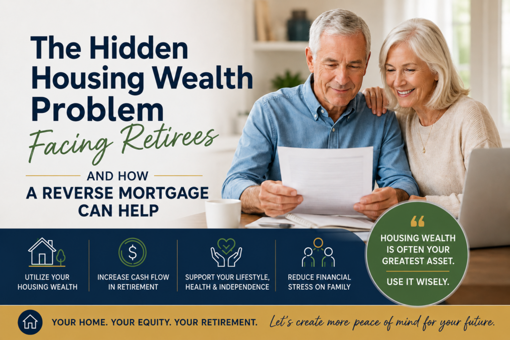 Older couple reviewing retirement plans with house model, home keys, and coins representing housing wealth and retirement planning.