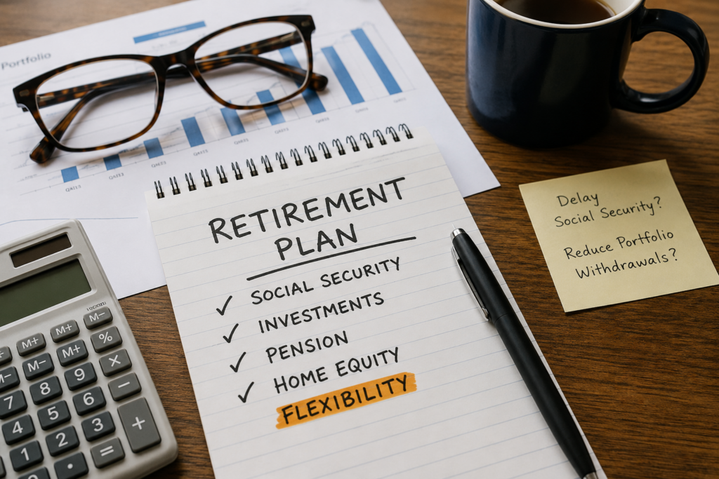 Financial advisor discussing Social Security claiming strategies and retirement income planning with retired clients.