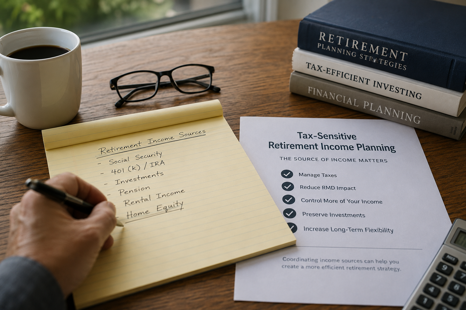 Financial advisor reviewing tax-sensitive retirement income planning strategies and housing wealth options.
