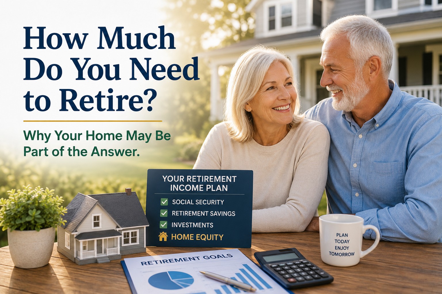Older couple reviewing a retirement income plan that includes Social Security, retirement savings, investments, and home equity.