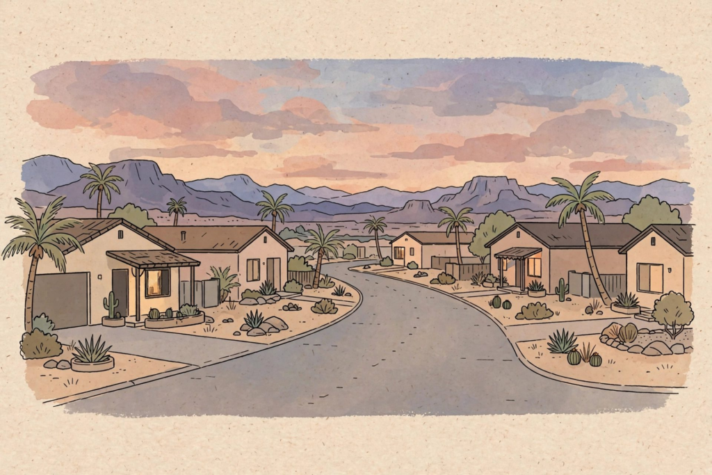 Illustration of a desert neighborhood at dusk, representing senior housing wealth and reverse mortgage opportunity